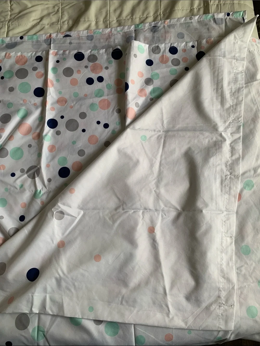 Huntington Home White Shower Curtain with Mint, Peach, Navy & Gray Dots